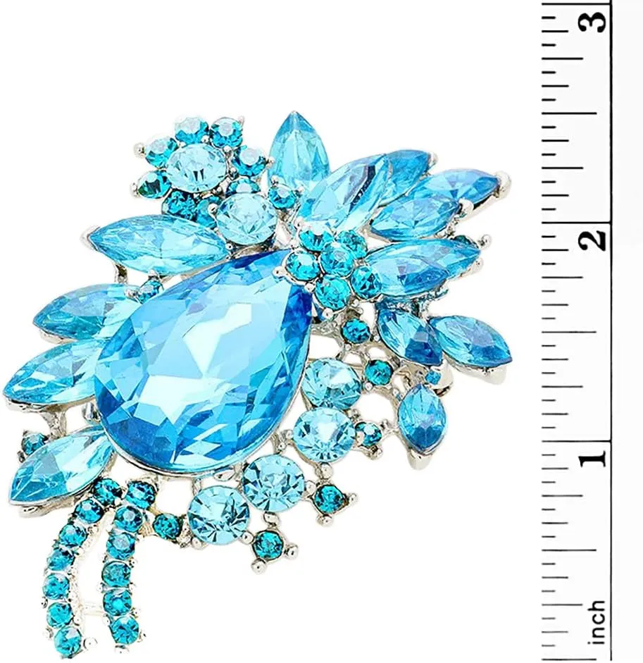 Rosemarie & Jubalee Women's Colorful Crystal Rhinestone Teardrop Flower Statement Brooch Pin With Pendant Loop, 3.25"