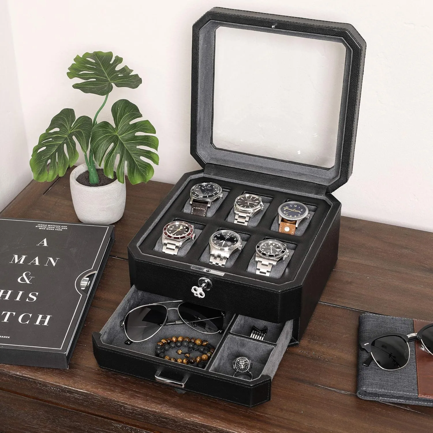 ROTHWELL Gift Set 6 Slot Leather Watch Box and 2 Watch Travel Case - Luxury Watch Case Organizer, Microsuede Liner, Locking Mens Jewelry Watches Holder, Storage Boxes Glass Top (Black/Grey Gift Set)