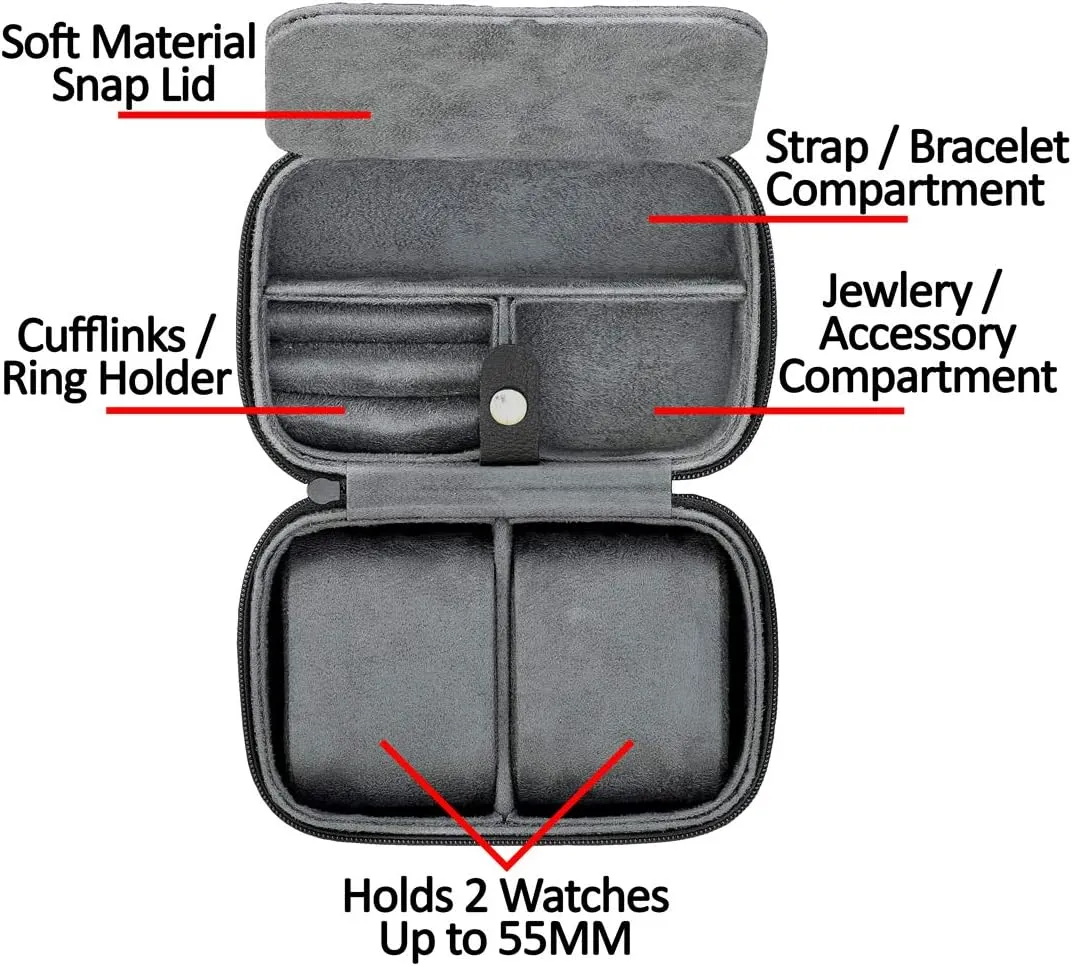 ROTHWELL Gift Set 6 Slot Leather Watch Box and 2 Watch Travel Case - Luxury Watch Case Organizer, Microsuede Liner, Locking Mens Jewelry Watches Holder, Storage Boxes Glass Top (Black/Grey Gift Set)
