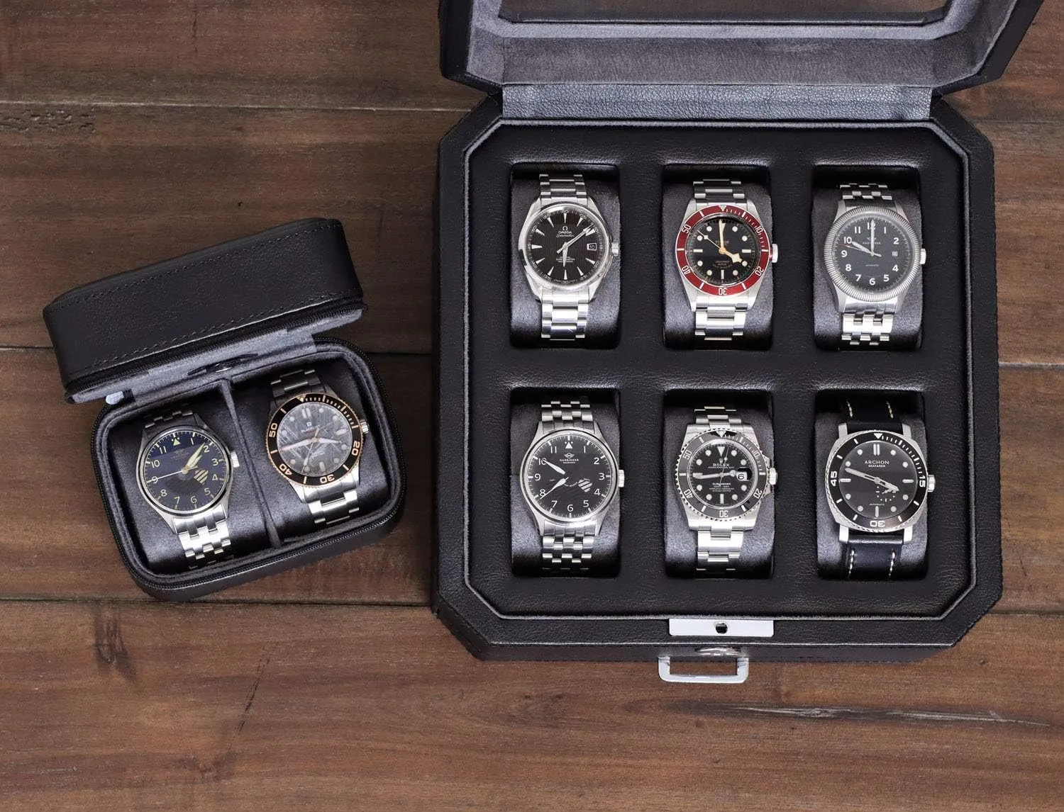 ROTHWELL Gift Set 6 Slot Leather Watch Box and 2 Watch Travel Case - Luxury Watch Case Organizer, Microsuede Liner, Locking Mens Jewelry Watches Holder, Storage Boxes Glass Top (Black/Grey Gift Set)