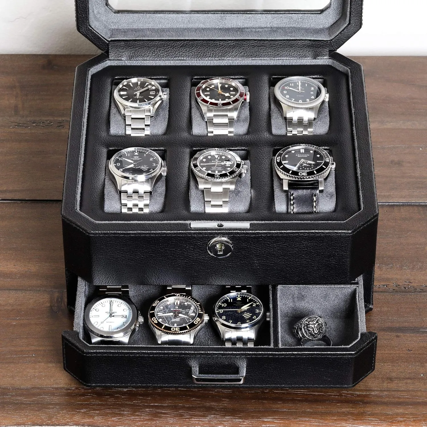 ROTHWELL Gift Set 6 Slot Leather Watch Box and 2 Watch Travel Case - Luxury Watch Case Organizer, Microsuede Liner, Locking Mens Jewelry Watches Holder, Storage Boxes Glass Top (Black/Grey Gift Set)