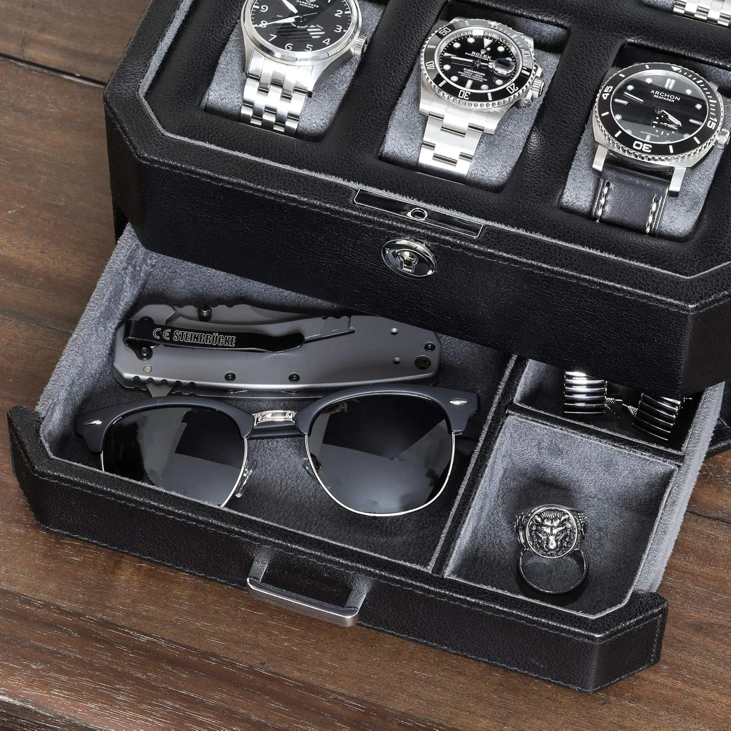 ROTHWELL Gift Set 6 Slot Leather Watch Box and 2 Watch Travel Case - Luxury Watch Case Organizer, Microsuede Liner, Locking Mens Jewelry Watches Holder, Storage Boxes Glass Top (Black/Grey Gift Set)
