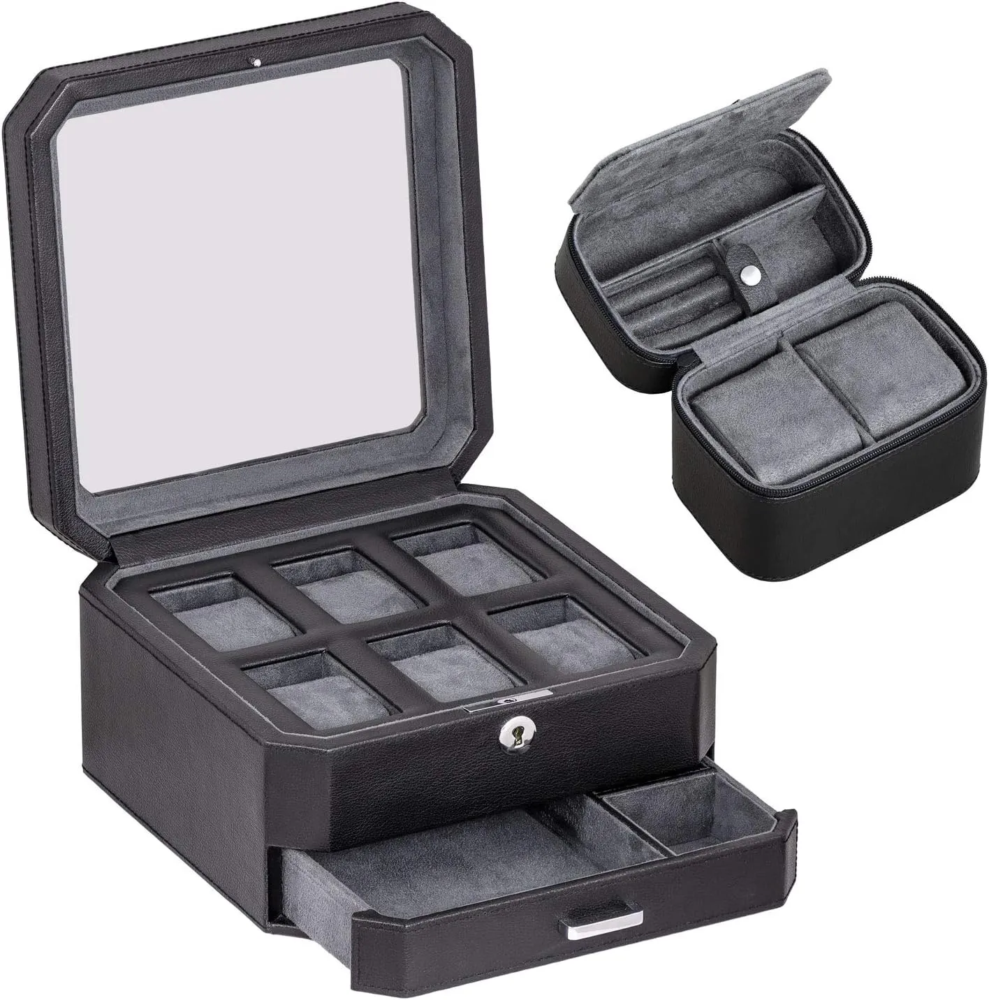 ROTHWELL Gift Set 6 Slot Leather Watch Box and 2 Watch Travel Case - Luxury Watch Case Organizer, Microsuede Liner, Locking Mens Jewelry Watches Holder, Storage Boxes Glass Top (Black/Grey Gift Set)