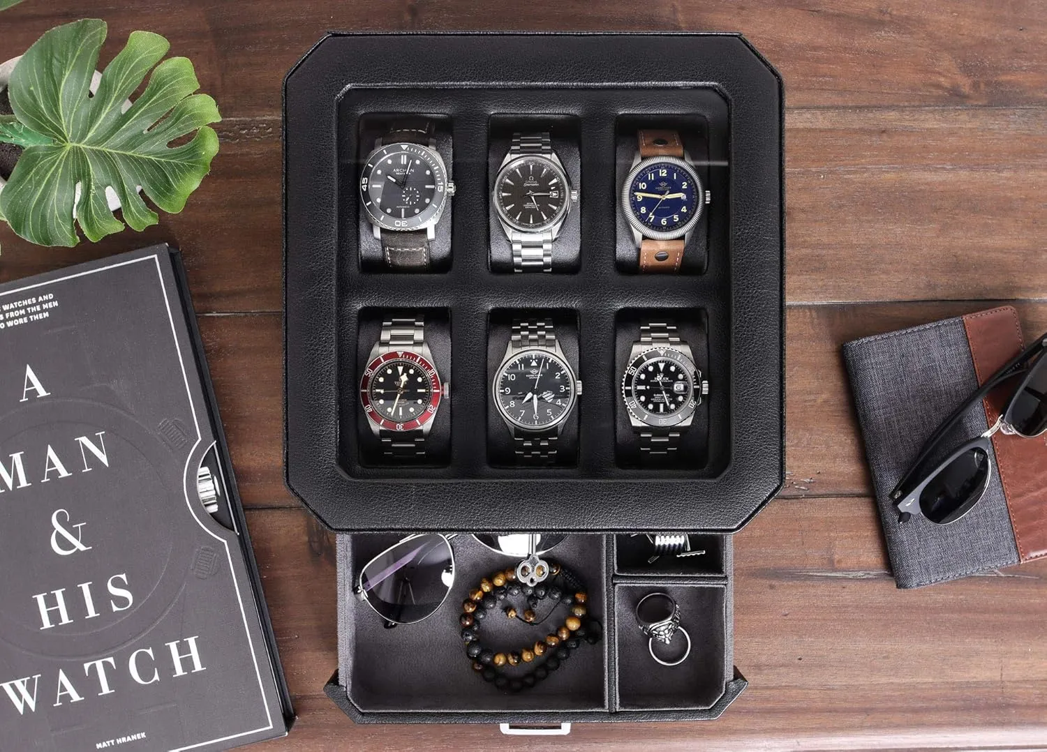 ROTHWELL Gift Set 6 Slot Leather Watch Box and 2 Watch Travel Case - Luxury Watch Case Organizer, Microsuede Liner, Locking Mens Jewelry Watches Holder, Storage Boxes Glass Top (Black/Grey Gift Set)