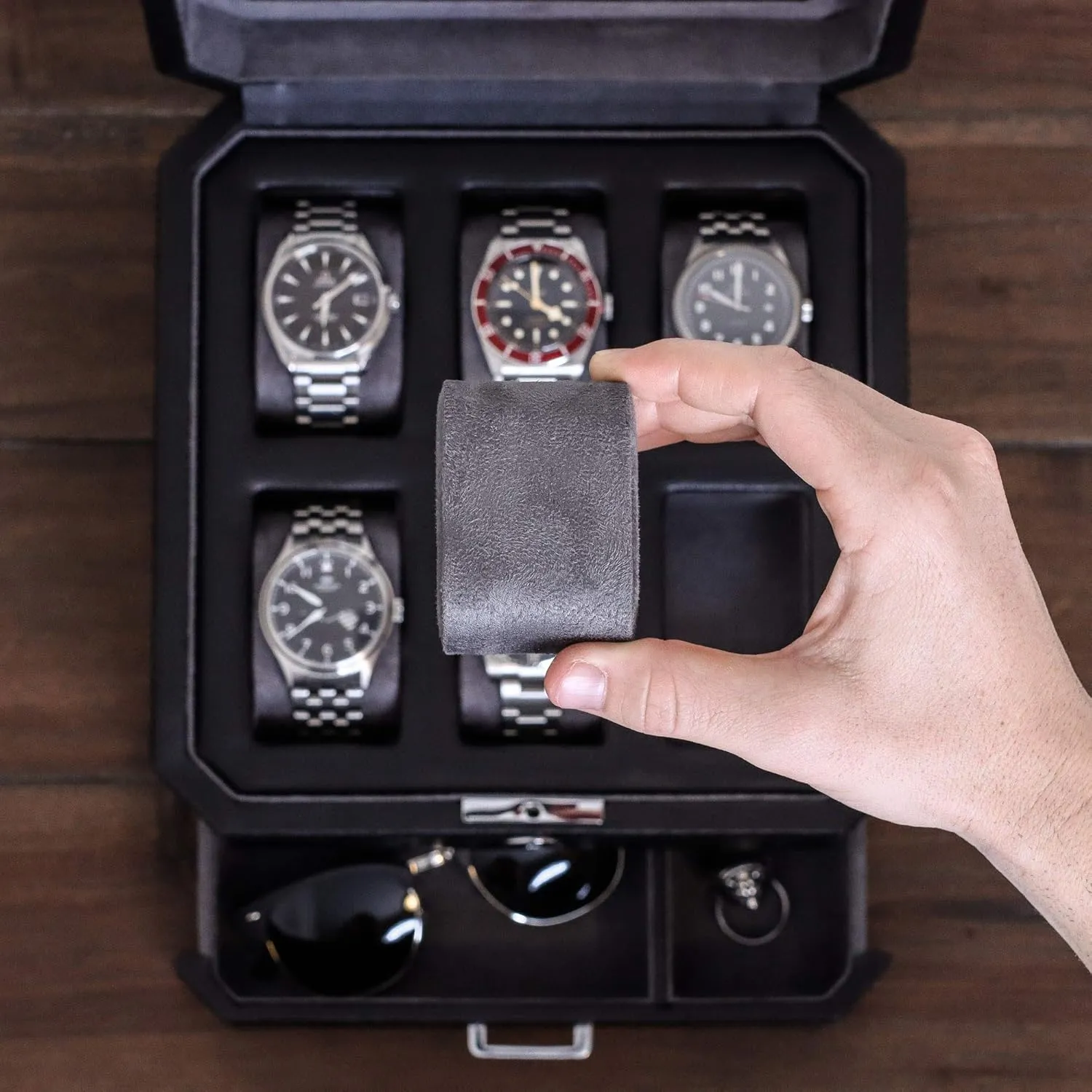 ROTHWELL Gift Set 6 Slot Leather Watch Box and 2 Watch Travel Case - Luxury Watch Case Organizer, Microsuede Liner, Locking Mens Jewelry Watches Holder, Storage Boxes Glass Top (Black/Grey Gift Set)
