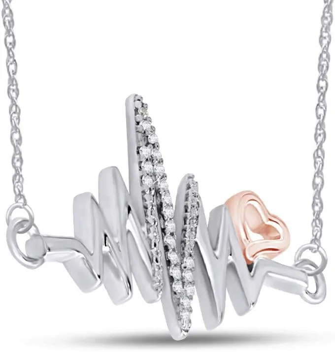 Round Cut White Natural Diamond Accent Heartbeat With Heart Two-Tone Pendant Necklace Jewelry For Women In 14k Gold Plated Sterling Silver Along With 18" Chain