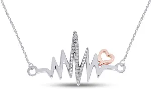 Round Cut White Natural Diamond Accent Heartbeat With Heart Two-Tone Pendant Necklace Jewelry For Women In 14k Gold Plated Sterling Silver Along With 18" Chain