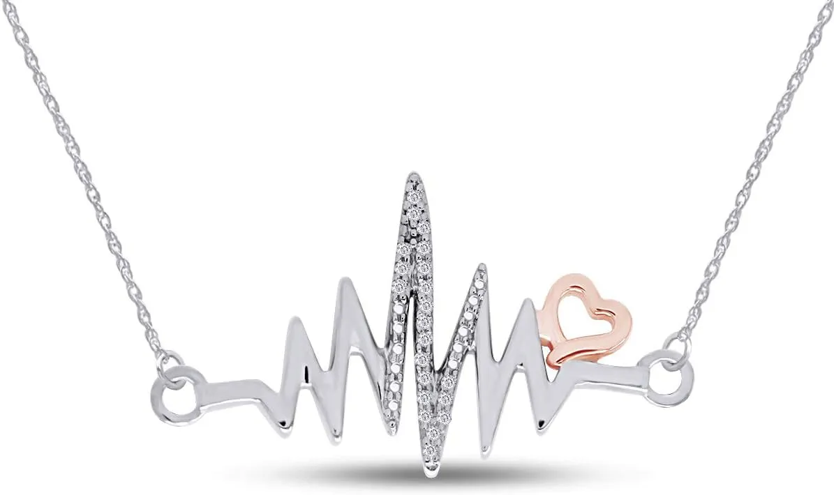Round Cut White Natural Diamond Accent Heartbeat With Heart Two-Tone Pendant Necklace Jewelry For Women In 14k Gold Plated Sterling Silver Along With 18" Chain