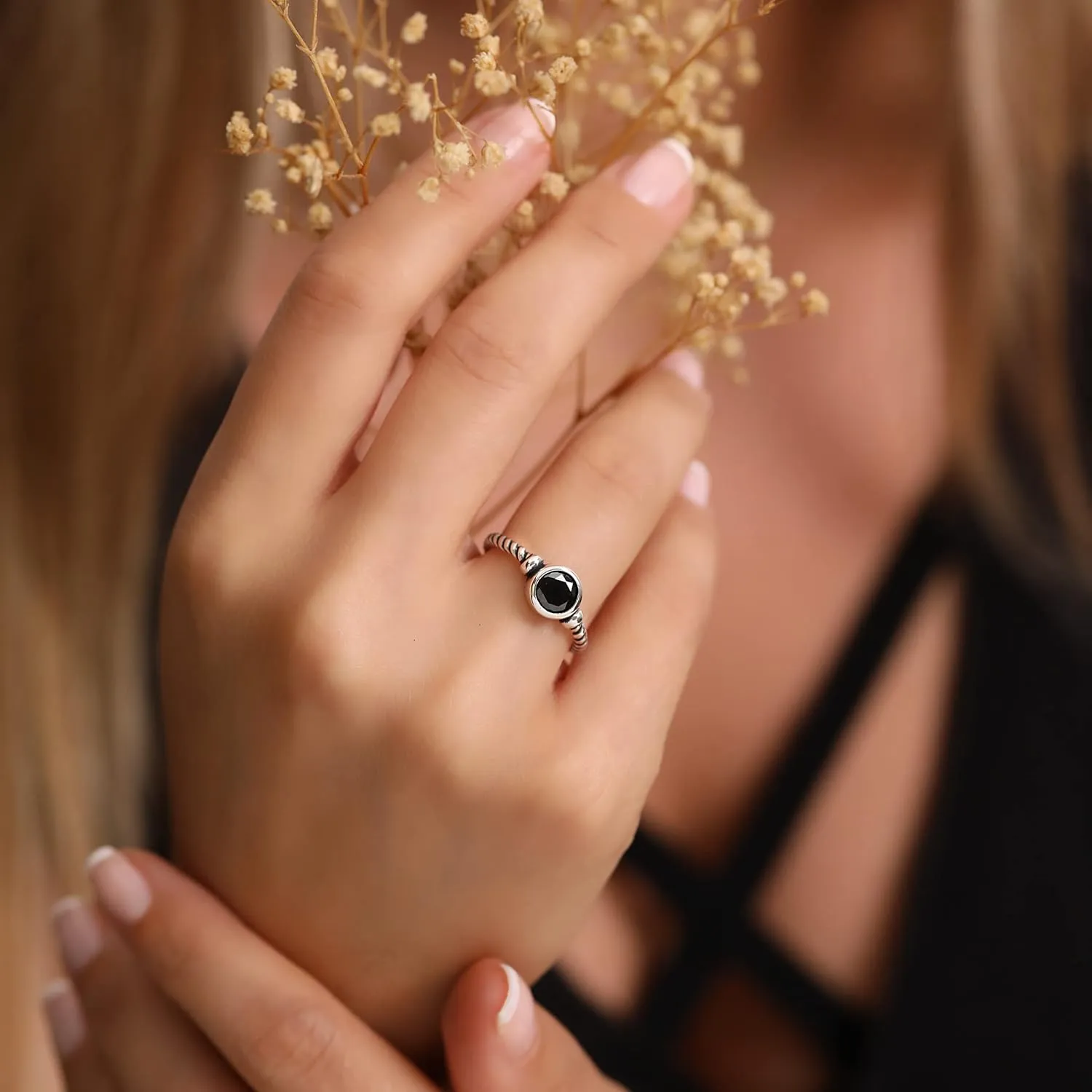 Round Shape Brilliant Cut Black Cz Cubic Zirconia Genuine 925 Sterling Silver Simulated Black Diamond Luxury Gift Ring for Her