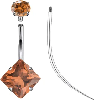 Ruifan ASTM F136 Titanium Belly Button Rings 14G CZ Square Belly Navel Rings 10mm Bar Body Piercing Jewelry Navel Ring With 1PCS Curved Piercing Taper