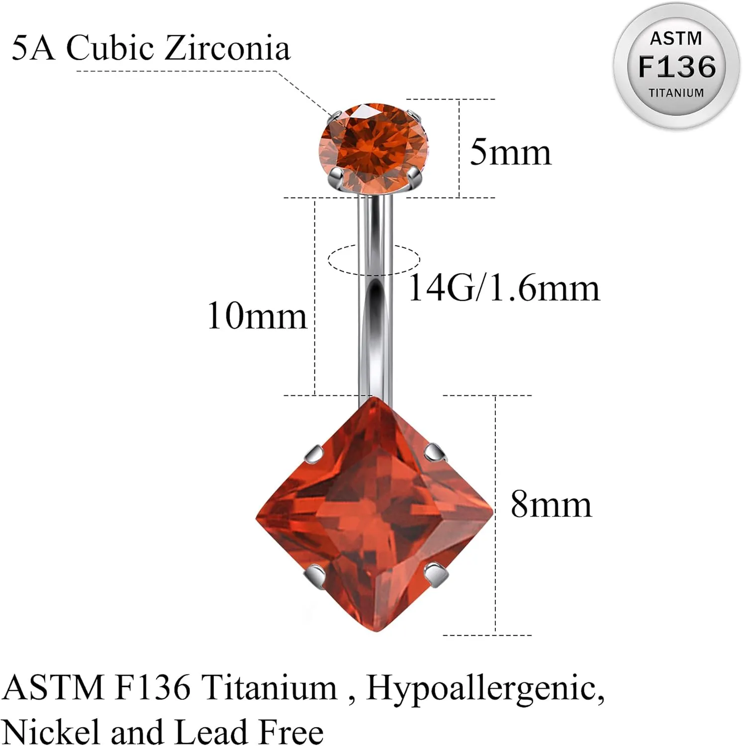 Ruifan ASTM F136 Titanium Belly Button Rings 14G CZ Square Belly Navel Rings 10mm Bar Body Piercing Jewelry Navel Ring With 1PCS Curved Piercing Taper