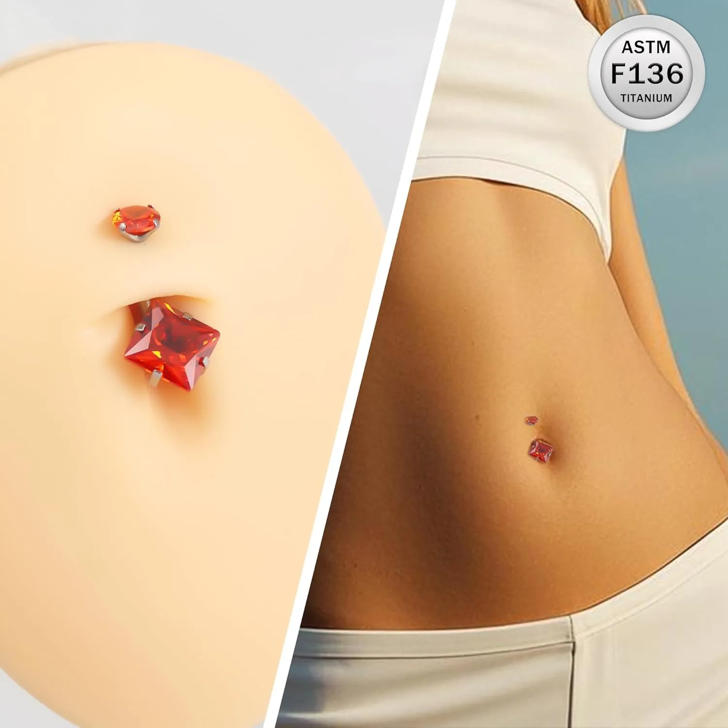 Ruifan ASTM F136 Titanium Belly Button Rings 14G CZ Square Belly Navel Rings 10mm Bar Body Piercing Jewelry Navel Ring With 1PCS Curved Piercing Taper