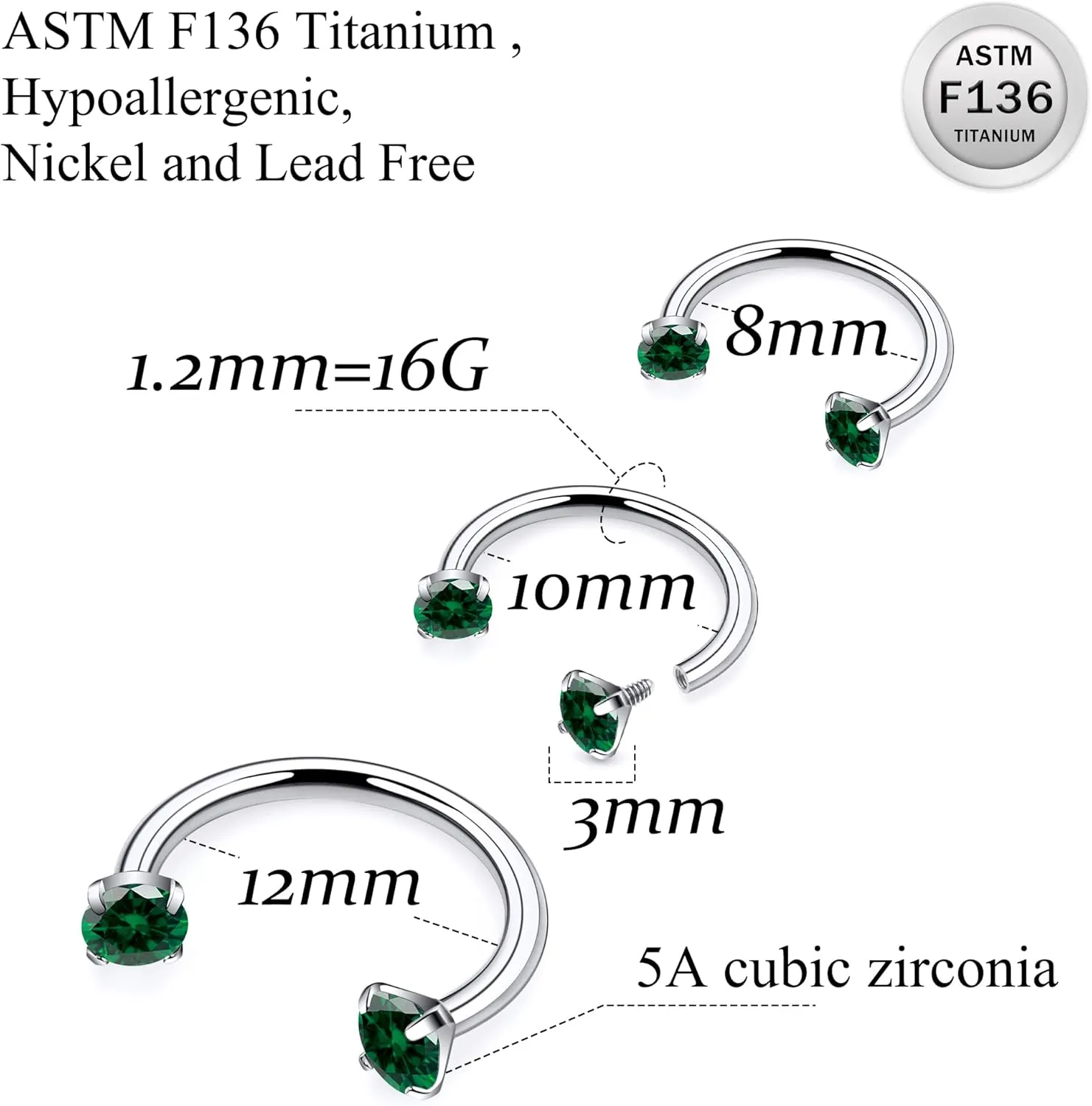 Ruifan ASTM F136 Titanium Horseshoe Nose Ring 16G Cubic Zircon Septum Rings Piercing Jewelry Internally Threaded Cartilage Conch Helix Rook Tragus Lip Earring Hoop Eyebrow For Women Men 8mm 10mm 12mm