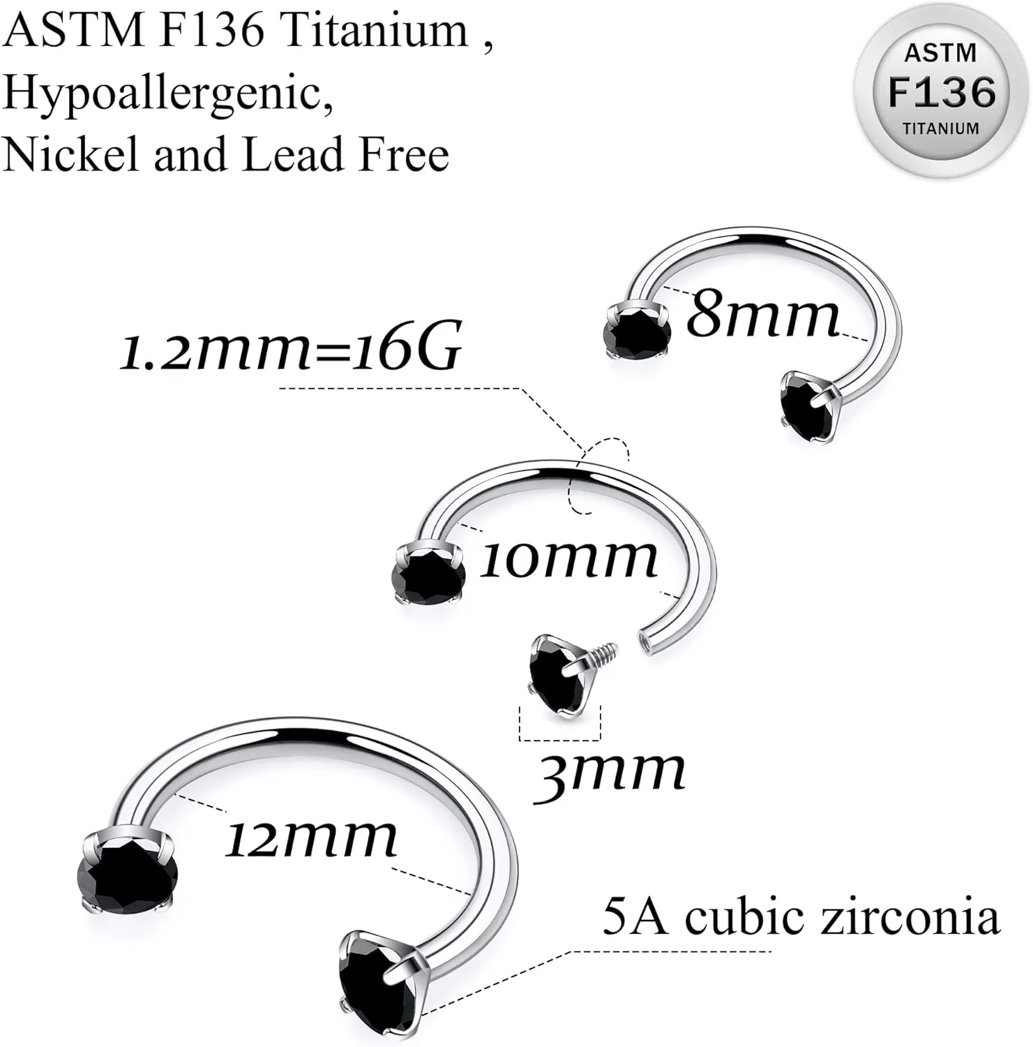 Ruifan ASTM F136 Titanium Horseshoe Nose Ring 16G Cubic Zircon Septum Rings Piercing Jewelry Internally Threaded Cartilage Conch Helix Rook Tragus Lip Earring Hoop Eyebrow For Women Men 8mm 10mm 12mm
