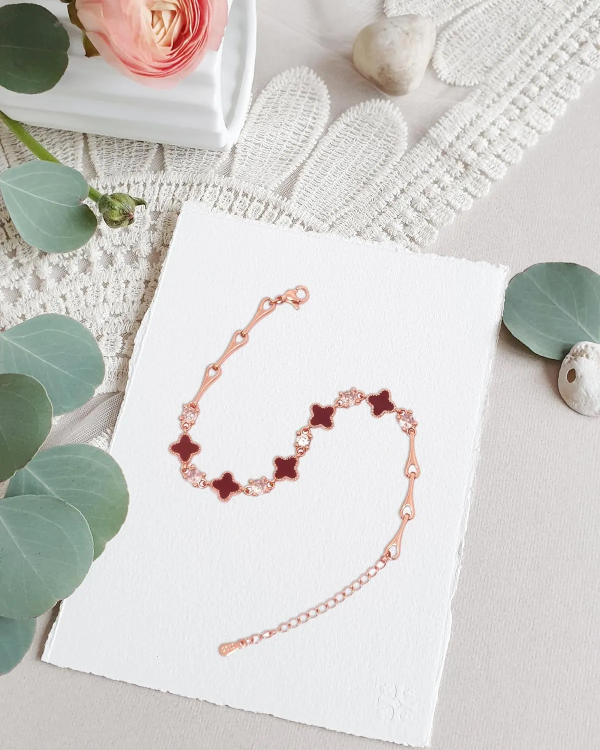 S925 Silver 14K Rose Gold plated Clover Lucky Bracelet for Women Green/Black/White/Red Flower Four Leaf Link Bracelets Trendy Jewelry Gifts for Women