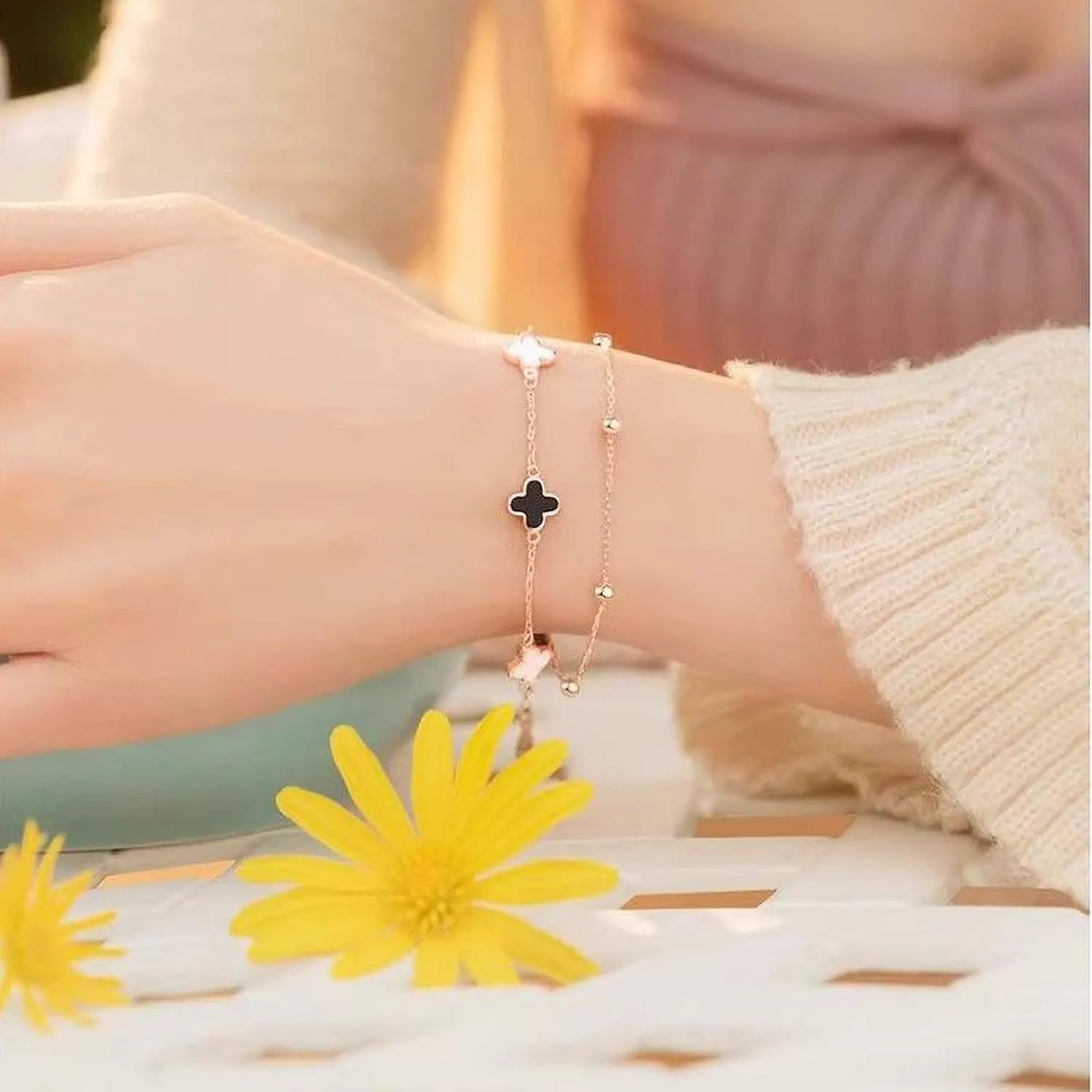 S925 Silver 14K Rose Gold plated Clover Lucky Bracelet for Women Green/Black/White/Red Flower Four Leaf Link Bracelets Trendy Jewelry Gifts for Women