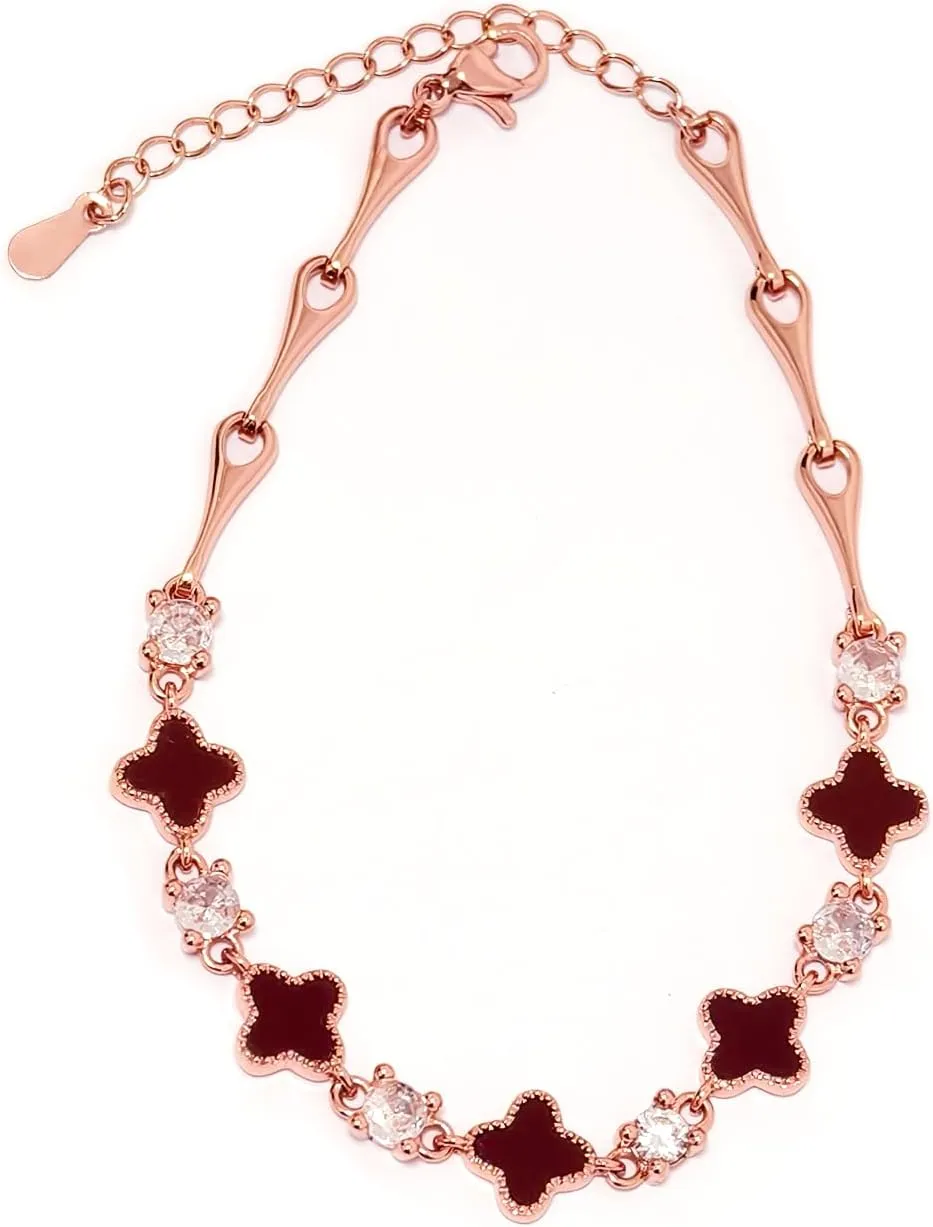 S925 Silver 14K Rose Gold plated Clover Lucky Bracelet for Women Green/Black/White/Red Flower Four Leaf Link Bracelets Trendy Jewelry Gifts for Women