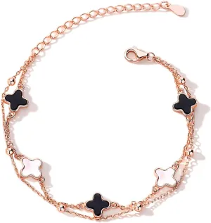 S925 Silver 14K Rose Gold plated Clover Lucky Bracelet for Women Green/Black/White/Red Flower Four Leaf Link Bracelets Trendy Jewelry Gifts for Women