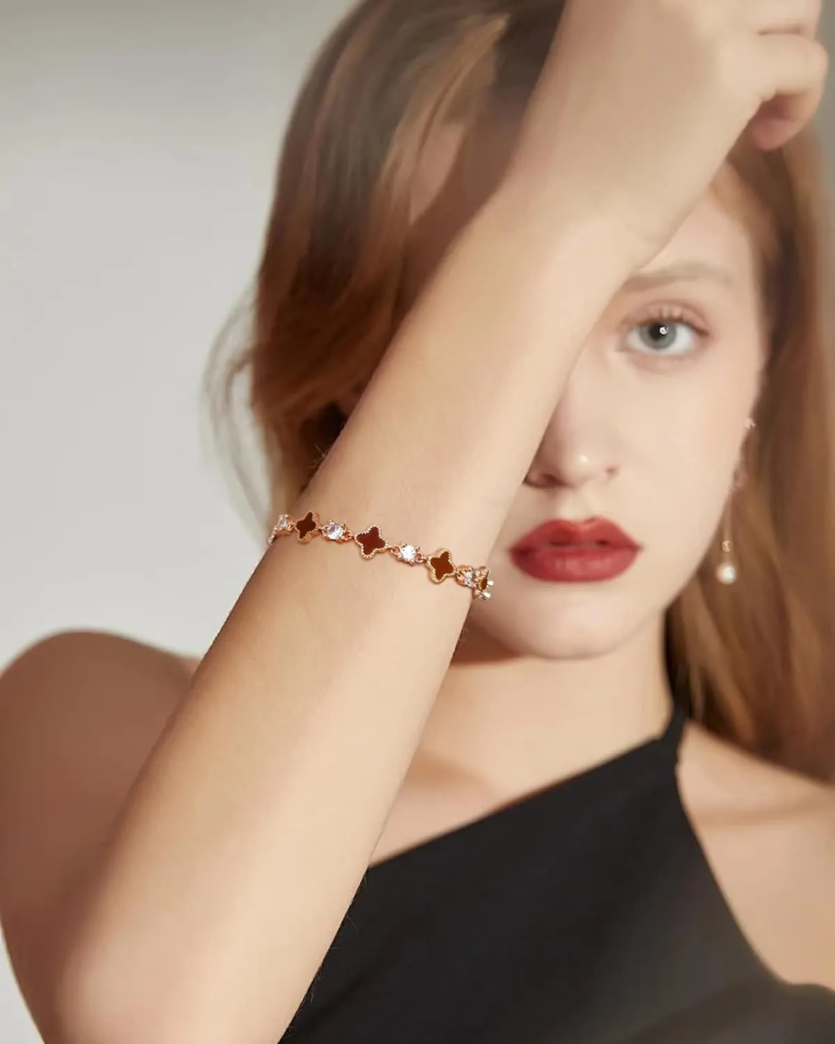S925 Silver 14K Rose Gold plated Clover Lucky Bracelet for Women Green/Black/White/Red Flower Four Leaf Link Bracelets Trendy Jewelry Gifts for Women