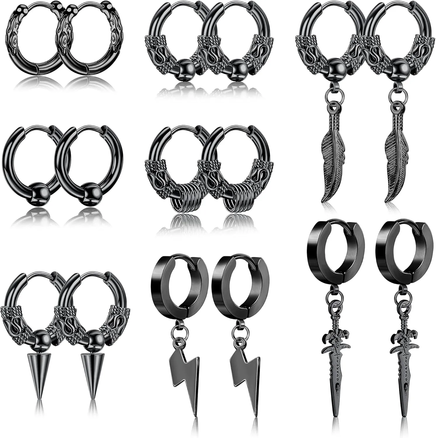 SAILIMUE 8Pairs Surgical Stainless Steel Huggie Hoop Earrings For Men Women Hypoallergenic Punk Hip Hop Cool Goth Earrings Black Silver Vintage Feather Drop Dangle Earrings Set
