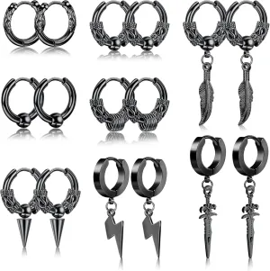 SAILIMUE 8Pairs Surgical Stainless Steel Huggie Hoop Earrings For Men Women Hypoallergenic Punk Hip Hop Cool Goth Earrings Black Silver Vintage Feather Drop Dangle Earrings Set