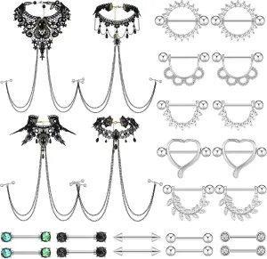 Sasylvia 24 Pcs 14G Nipple Rings for Women and Piercing Bra Body Chain 316l Stainless Steel Nipple Straight Piercing Barbell