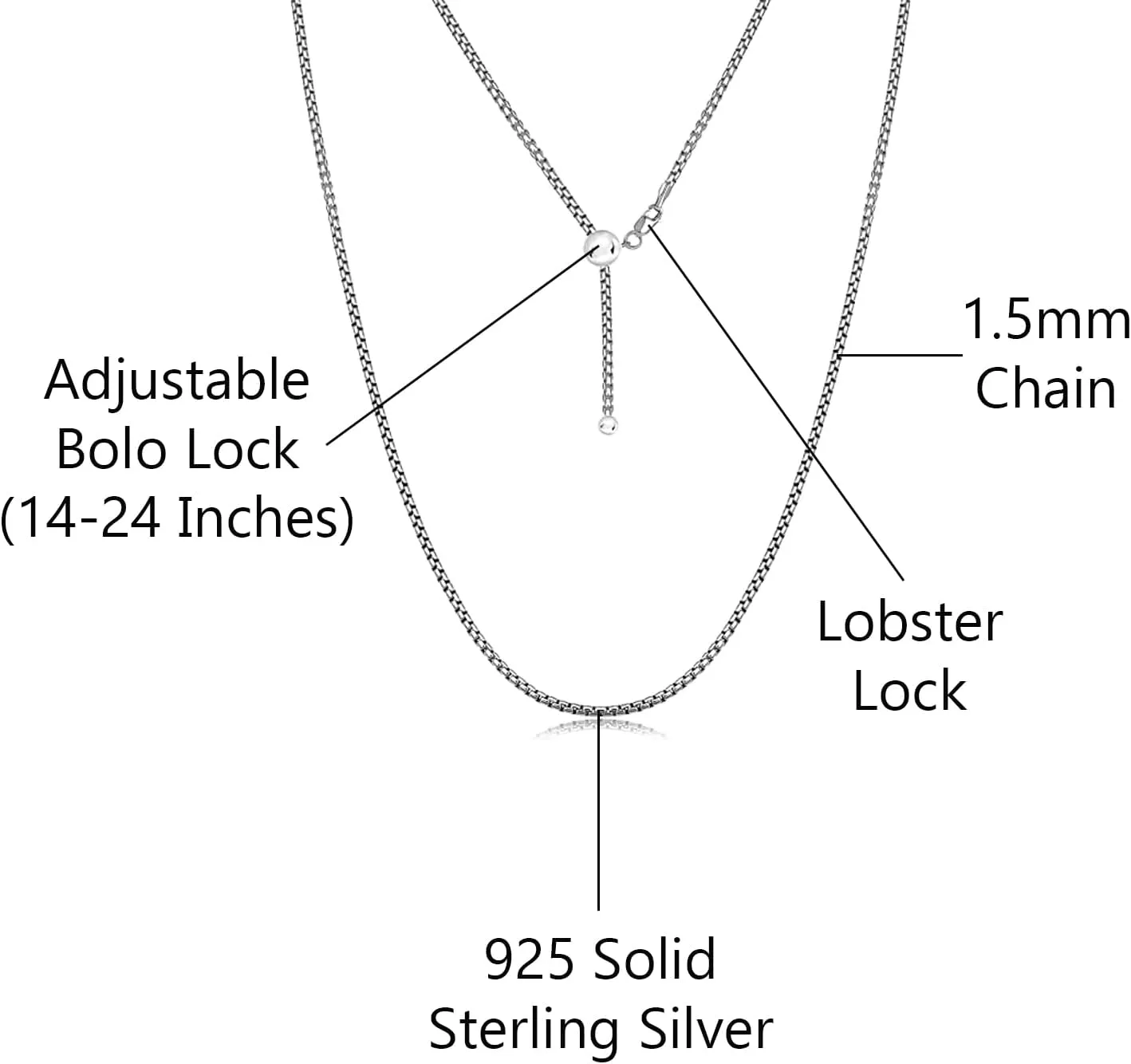 Savlano 925 Sterling Silver Solid 1.5mm Round Box Adjustable Bolo 14-24 Inch Chain Necklace For Women - Made in Italy Comes With a Gift Box