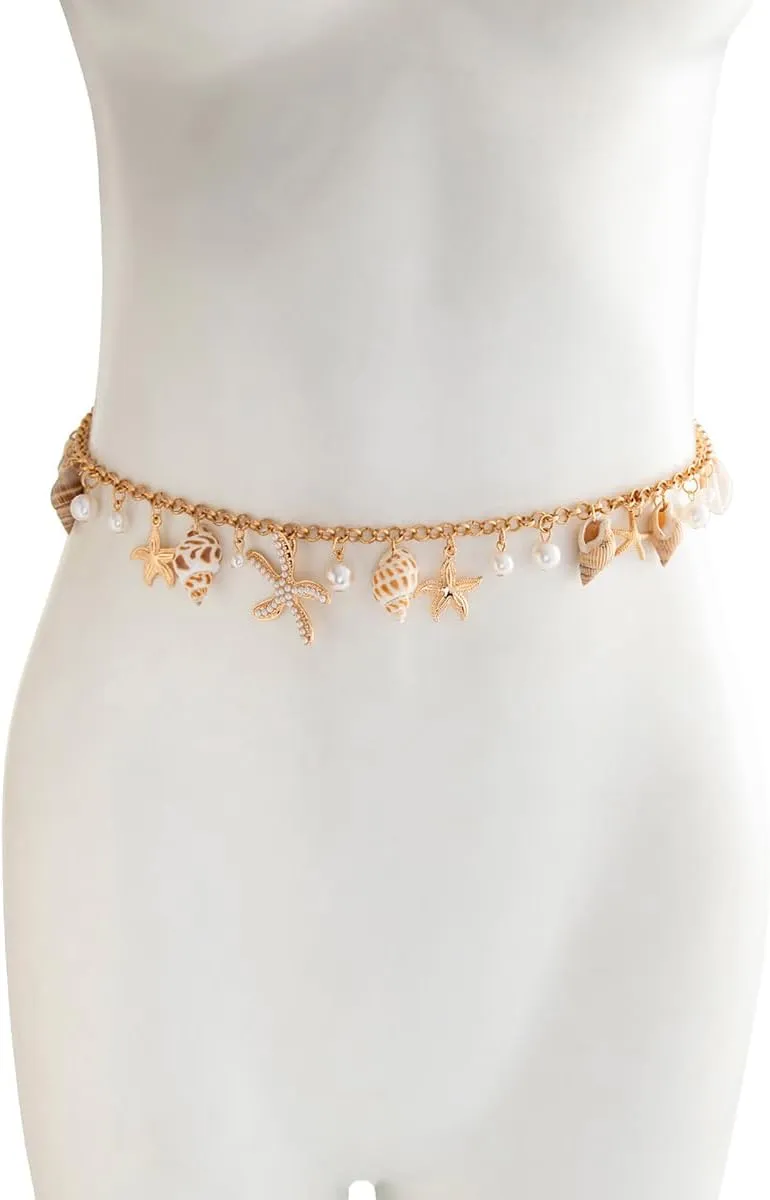 Seashell Starfish Waist Chains for Women Bohemian Conch Pearl Shell Body Chain Summer Beach Charm Waist Chain Bikini Sexy Shell Waist Body Chain Body Accessories for Women