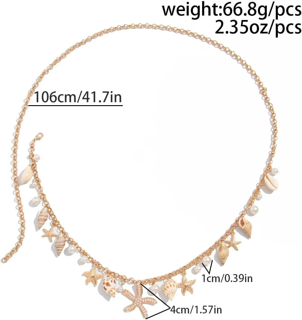 Seashell Starfish Waist Chains for Women Bohemian Conch Pearl Shell Body Chain Summer Beach Charm Waist Chain Bikini Sexy Shell Waist Body Chain Body Accessories for Women