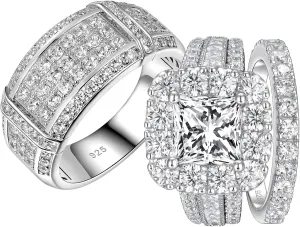 SHELOVES Brilliant CZ Couple Wedding Ring Sets 925 Sterling Silver His and Hers Promise Ring Sz 6 13