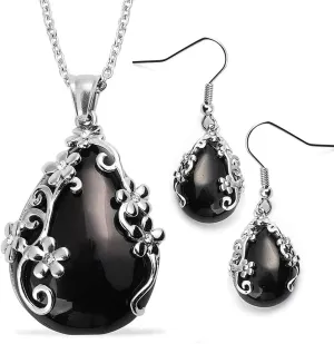 Shop LC Jewelry Set for Women - Floral Gemstone Necklace & Earring Sets - Lapis Lazuli, Black Onyx & Dendritic Pendant Necklaces & Dangle Earrings - 20" Necklace Length Birthday Gifts for Women