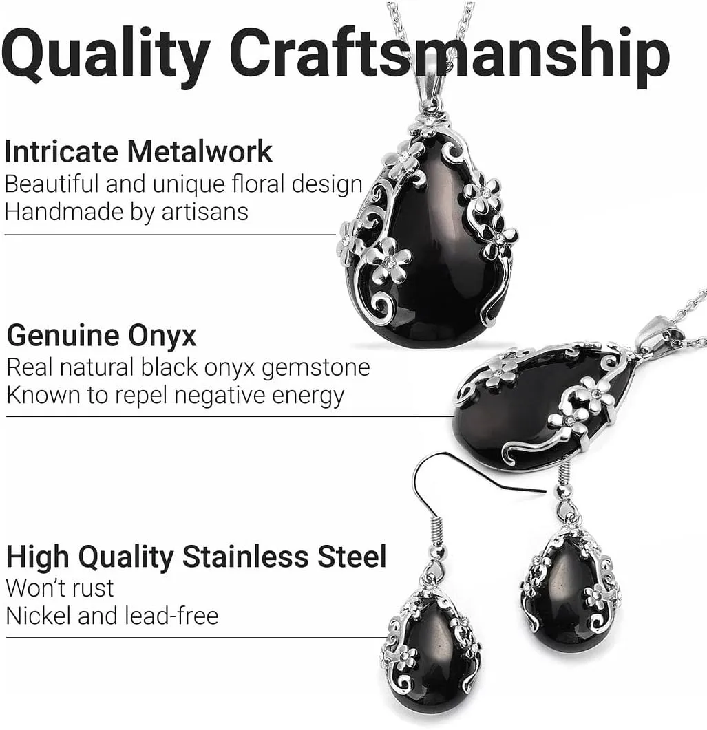 Shop LC Jewelry Set for Women - Floral Gemstone Necklace & Earring Sets - Lapis Lazuli, Black Onyx & Dendritic Pendant Necklaces & Dangle Earrings - 20" Necklace Length Birthday Gifts for Women