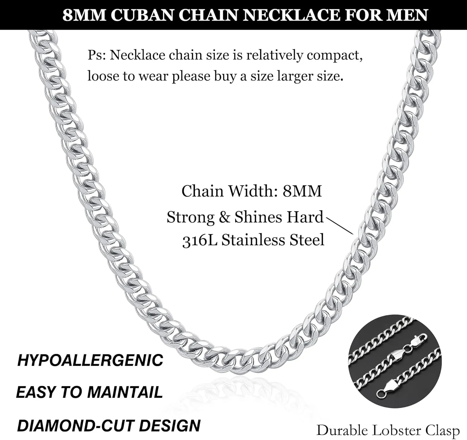 Silver Cuban Link Chain Necklace for Men Stainless Steel Chains for Men Women Miami Tone Diamond Cut Chain Necklaces Accessories Jewelry 4/6/10mm 18/20/22/24/26 Inch