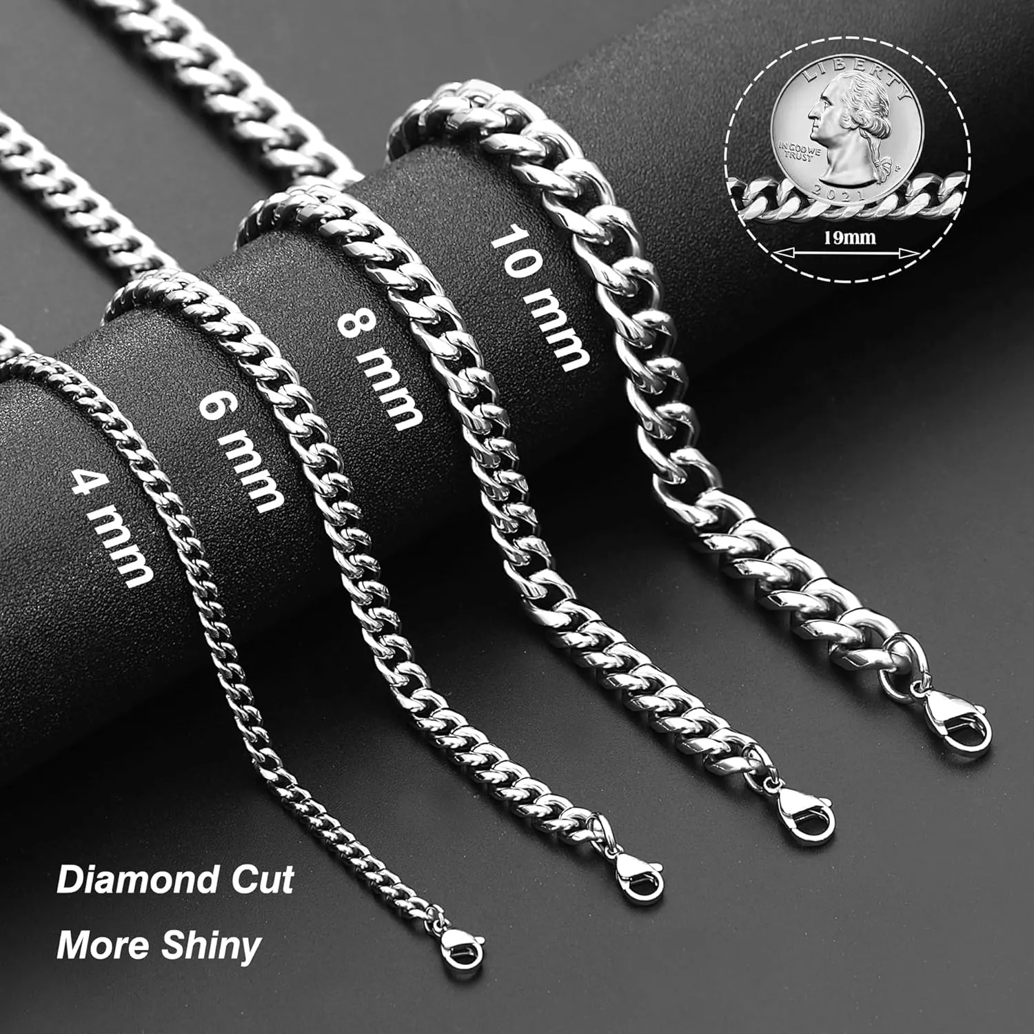 Silver Cuban Link Chain Necklace for Men Stainless Steel Chains for Men Women Miami Tone Diamond Cut Chain Necklaces Accessories Jewelry 4/6/10mm 18/20/22/24/26 Inch
