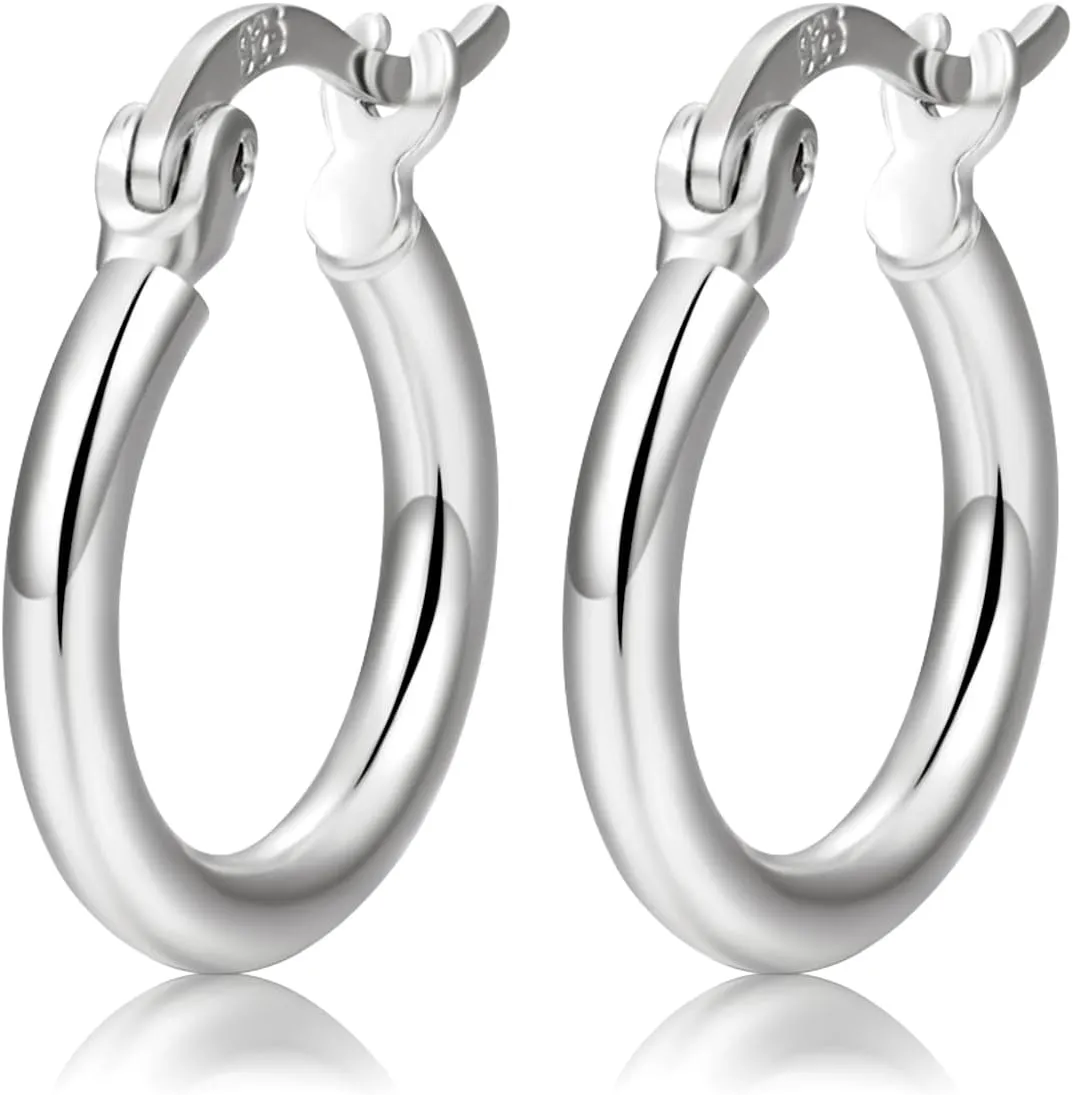 Silver Hoop Earrings for Women- 925 Sterling Silver Small Hoop Earrings 14K White Gold Plated Huggie Hoops Earrings Hypoallergenic Cartilage Earrings for Men Women