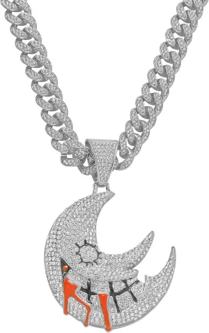 Sliver Plated Moon Necklace for Men Women Iced Out Clear Crescent Moon Star Pendant with Bling Cubic Zirconia Punk Personality Cuban Chain Stainless Steel Necklace Jewelry Novelty Accessories