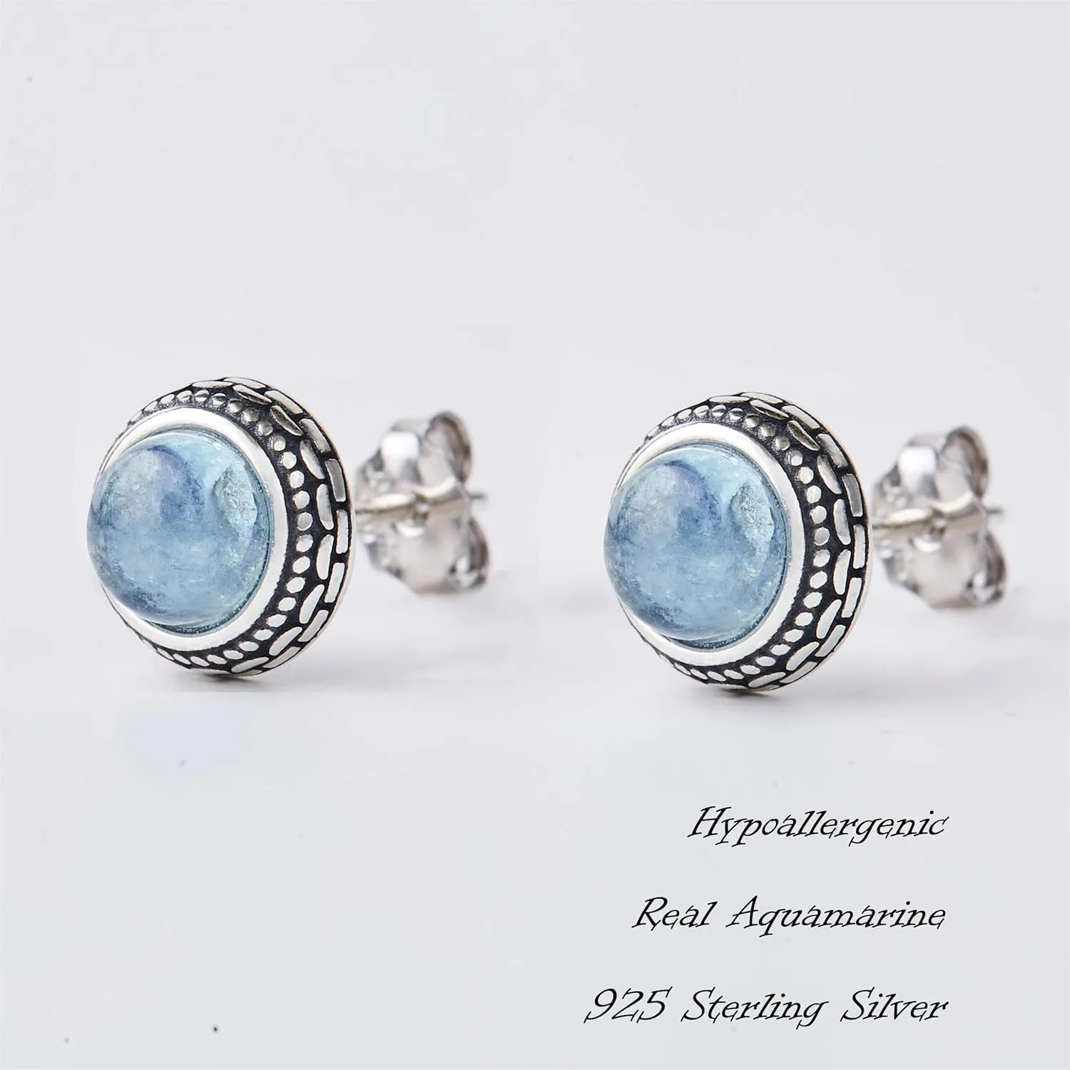 Small Genuine Blue Aquamarine 925 Sterling Silver Hypoallergenic Studs Earrings Jewelry for Women Dainty Trendy Antiqued Silver March Birthstone Earrings Jewelry Gifts for Women Young Lady