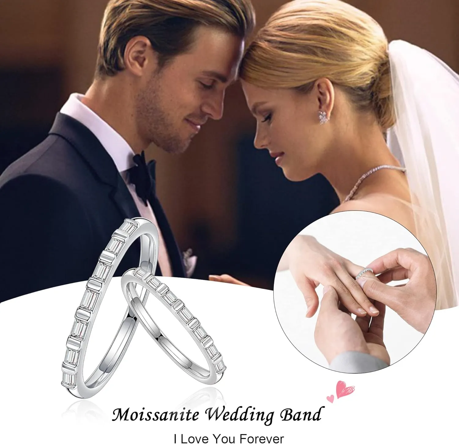 SMILEST Baguette Moissanite Wedding Band for Women, 2MM D Color VVS1 Clarity Lab Created Moissanite Wedding Rings 18K White Yellow Rose Gold Vermeil Bar Setting 7 Stone Moissanite Half Eternity Ring