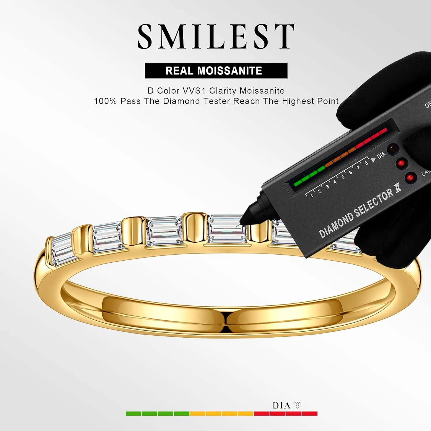 SMILEST Baguette Moissanite Wedding Band for Women, 2MM D Color VVS1 Clarity Lab Created Moissanite Wedding Rings 18K White Yellow Rose Gold Vermeil Bar Setting 7 Stone Moissanite Half Eternity Ring