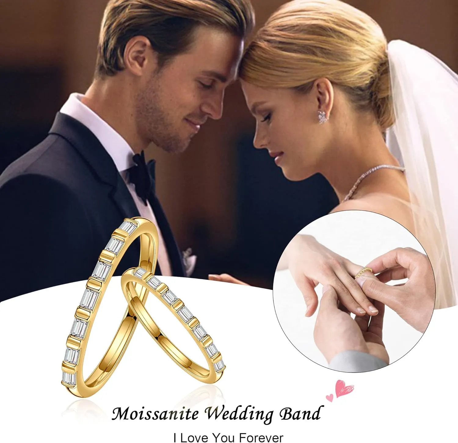 SMILEST Baguette Moissanite Wedding Band for Women, 2MM D Color VVS1 Clarity Lab Created Moissanite Wedding Rings 18K White Yellow Rose Gold Vermeil Bar Setting 7 Stone Moissanite Half Eternity Ring
