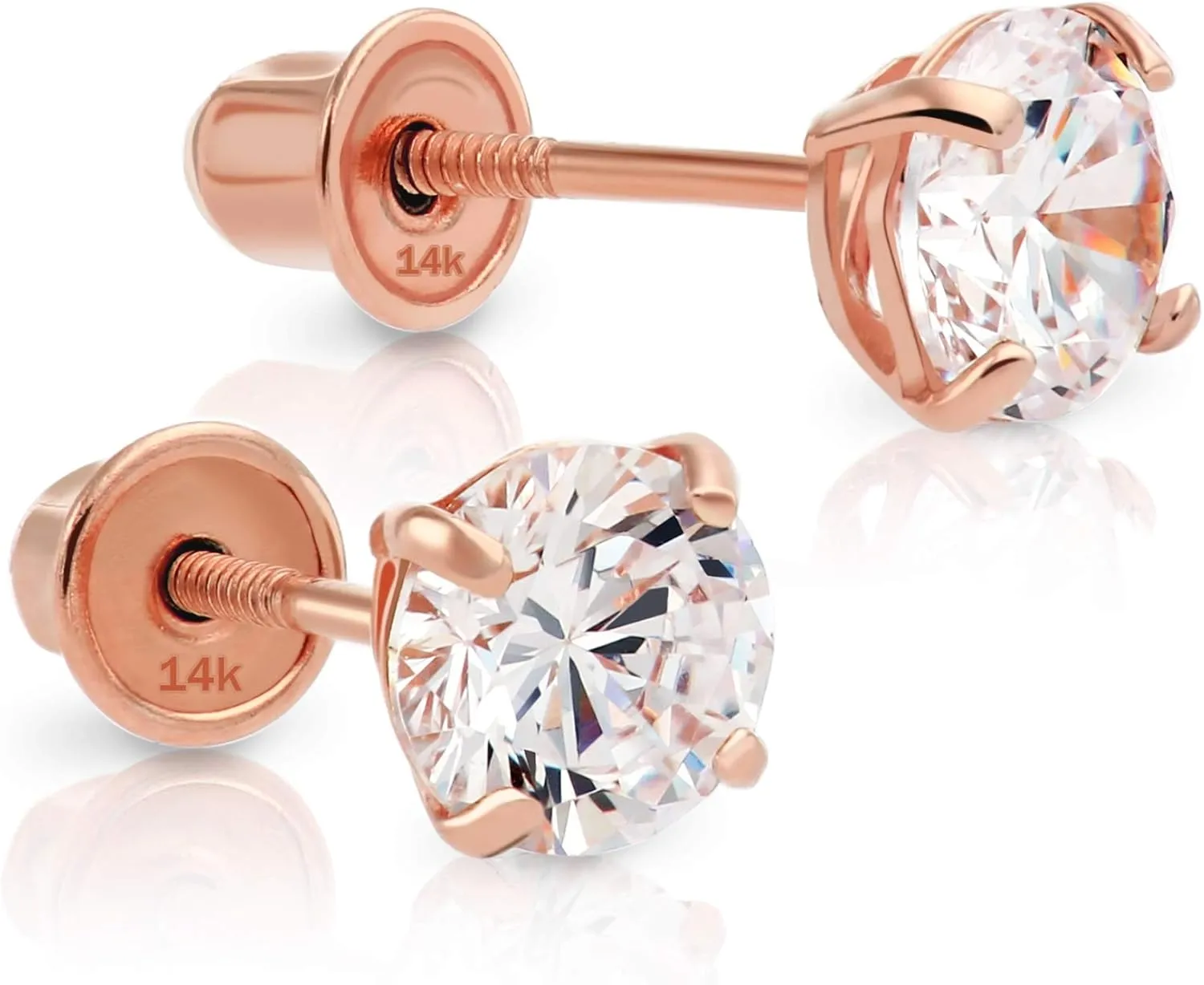 Solid 14k Rose Gold Solitaire Round Cubic Zirconia CZ Stud Earrings with 14k Screw Backs