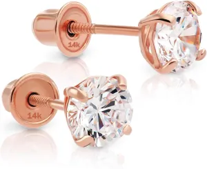 Solid 14k Rose Gold Solitaire Round Cubic Zirconia CZ Stud Earrings with 14k Screw Backs