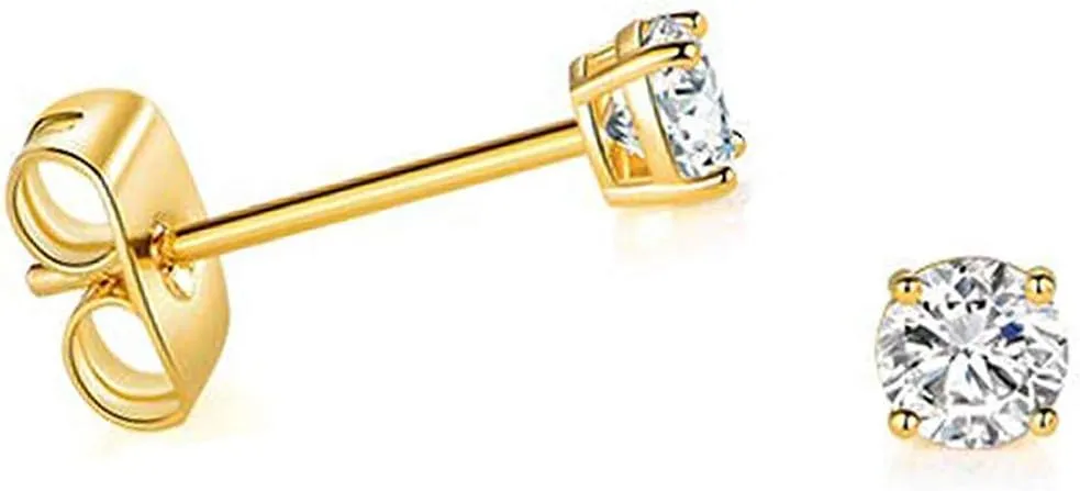Solid 14k Yellow Gold Solitaire Round Cubic Zirconia CZ Stud Earrings with 14k Gold Butterfly Push Backings