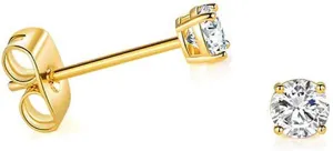 Solid 14k Yellow Gold Solitaire Round Cubic Zirconia CZ Stud Earrings with 14k Gold Butterfly Push Backings