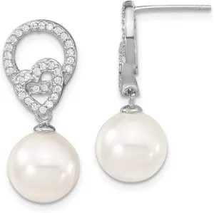 Solid 925 Sterling Silver 10-11mm White Imitation Shell Pearl and CZ Cubic Zirconia Dangle Earrings Earrings mm