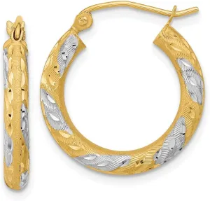 Solid Real 14k Yellow Gold Two Toned Diamond-Cut Hoop Brushed Matte Finish Earrings - 21mm x 19mm
