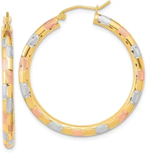 Solid Real 14k Yellow Gold White and Rose, Diamond-Cut Hoop Brushed Matte Finish Earrings - 36mm x 34mm
