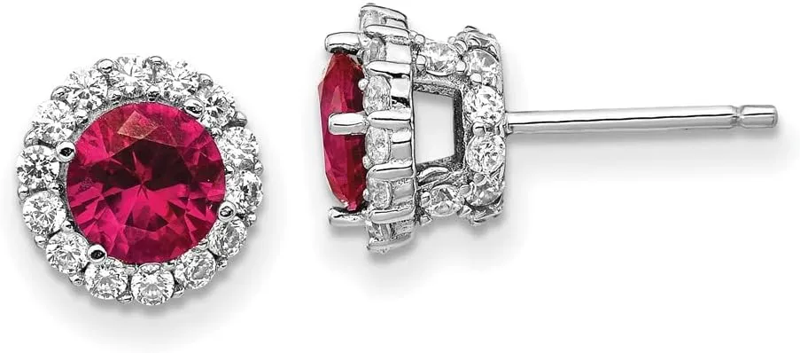 Solid Real 925 Sterling Silver CZ Cubic Zirconia and Created Ruby Stud Earrings 9.5mm
