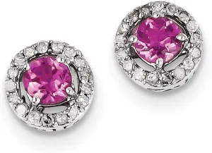 Solid Real 925 Sterling Silver Diamond and Pink Tourmaline October Gemstone Circle Post Studs Earrings 9mm
