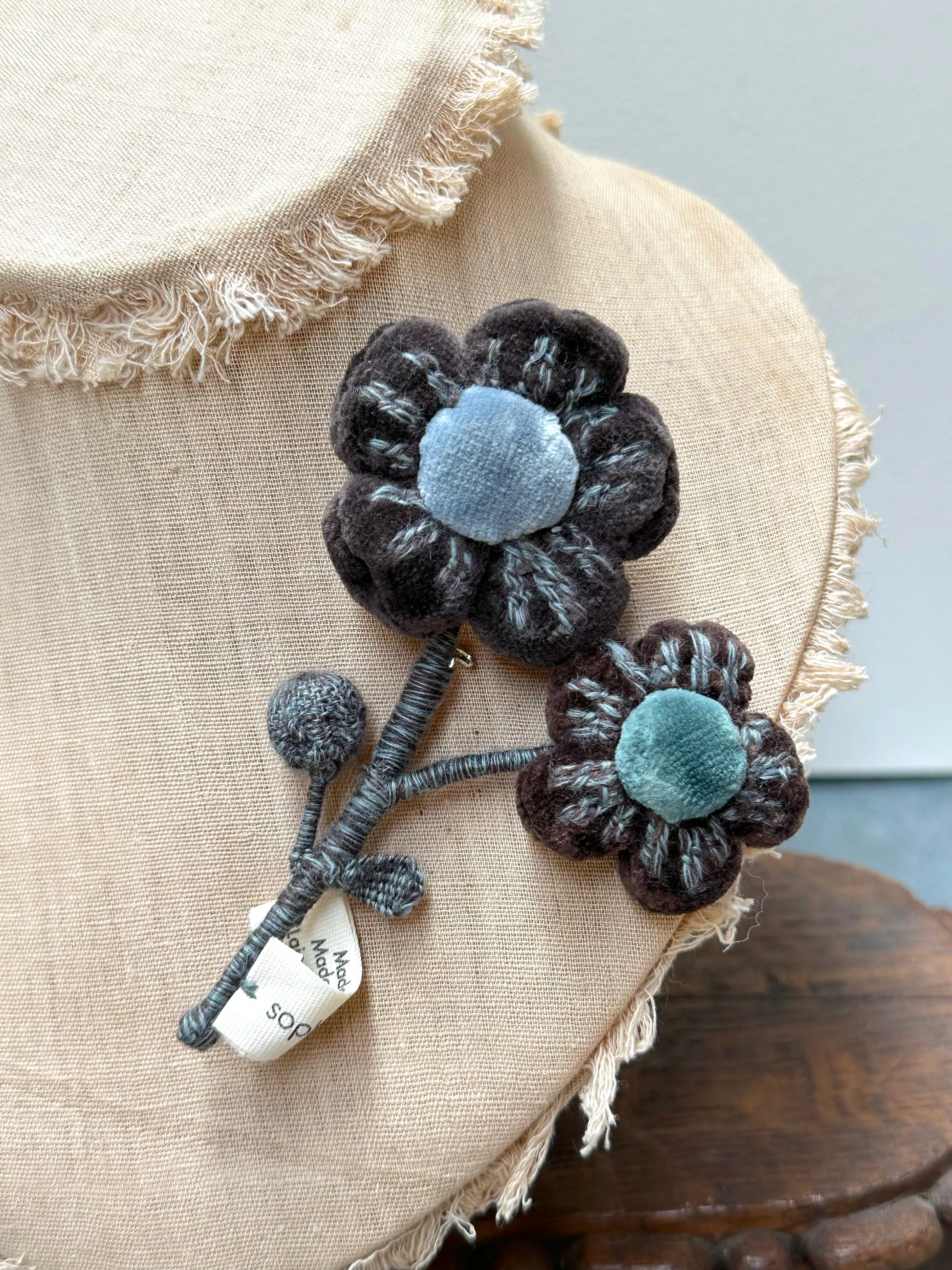 Sophie Digard Blue Velvet Flower Branch Brooch